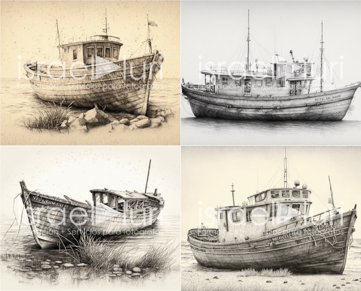 Elegancia marina: dibujos de botes de madera pintados a lápiz
