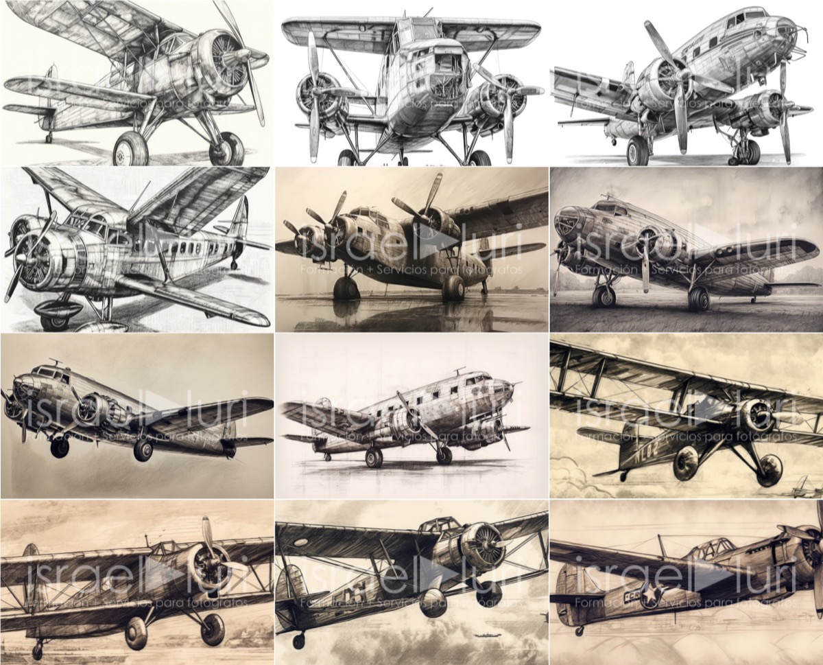 Viaja en el tiempo con dibujos de aviones antiguos pintados a lápiz